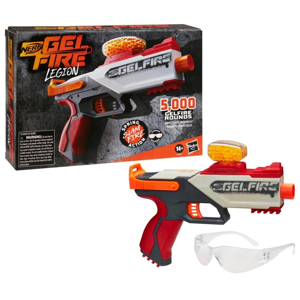 Nerf Pro Gelfire Legion Spring Action Blaster with 5,000 gel rounds, featuring a red, black, and gray design, includes protective eyewear. Suitable for ages 14 and up.