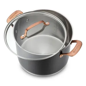 Stainless steel stockpot with a glass lid featuring copper-colored handles, marked with interior measurement indicators.