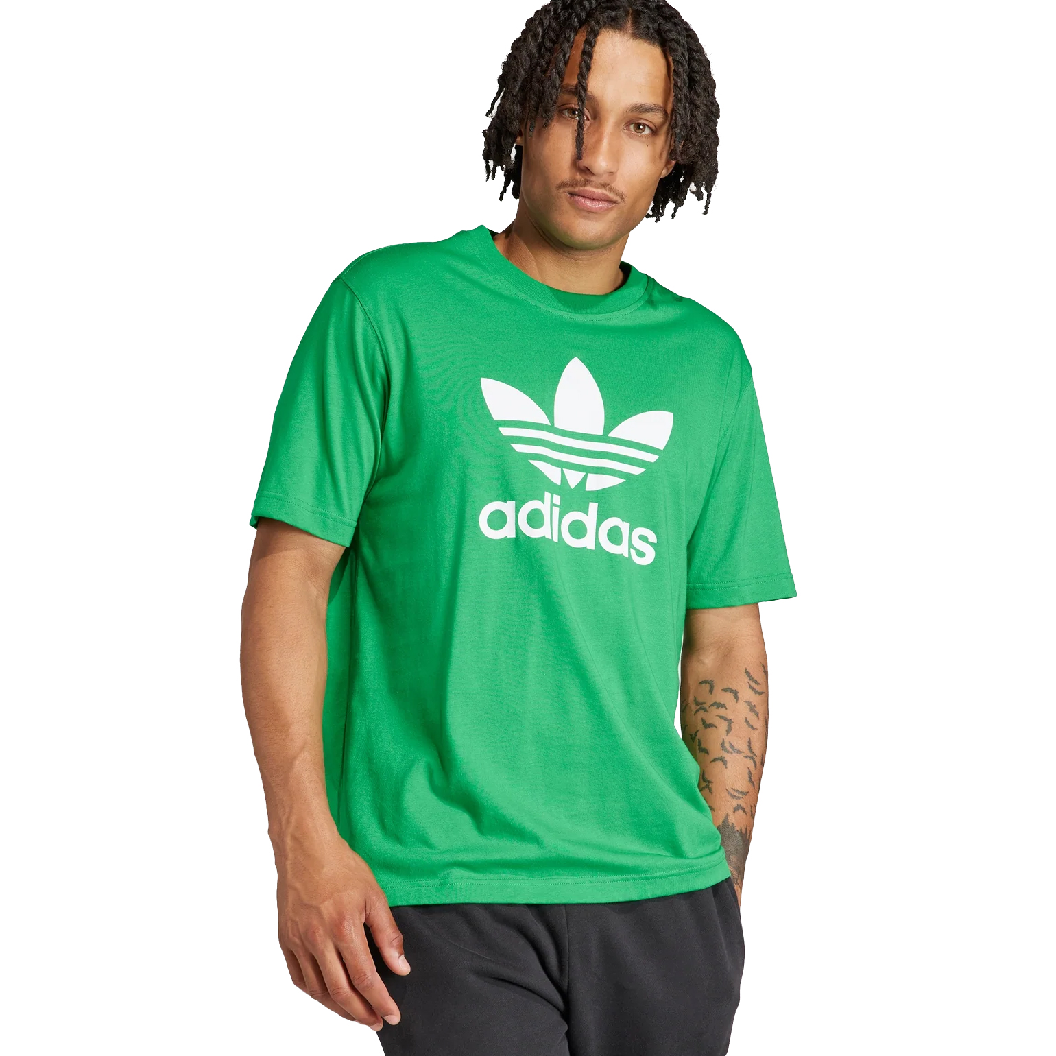 Green Adidas men's t-shirt featuring a large white Trefoil logo and \“adidas\“ text on the front, with short sleeves and a crew neckline.