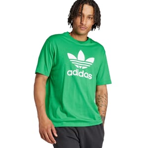 Green Adidas men's t-shirt featuring a large white Trefoil logo and \“adidas\“ text on the front, with short sleeves and a crew neckline.