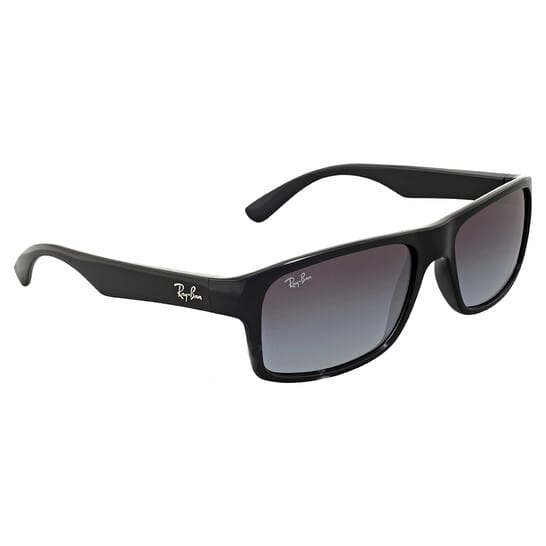 Black Ray-Ban sunglasses feature a rectangular frame with grey-gradient lenses and a subtle logo on the temples.