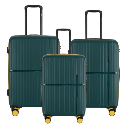 A set of three dark green hardshell suitcases with vertical ridges, featuring telescopic handles, yellow corner accents, and 360-degree wheels.