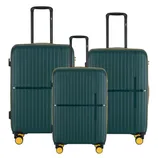 A set of three dark green hardshell suitcases with vertical ridges, featuring telescopic handles, yellow corner accents, and 360-degree wheels.