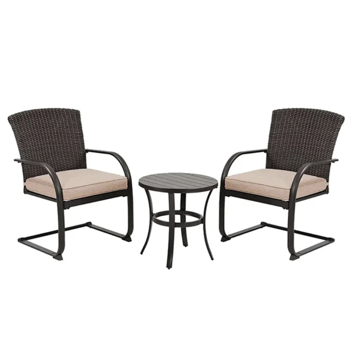 Patio set consisting of two wicker chairs with cushions and a round table with a metal frame.