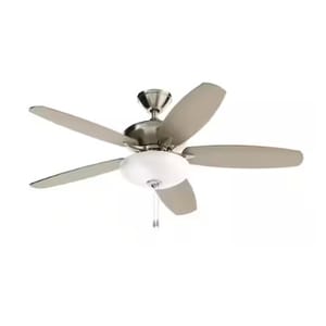 A ceiling fan with five light brown blades and a central light fixture, featuring a brushed metallic finish and a pull chain control.