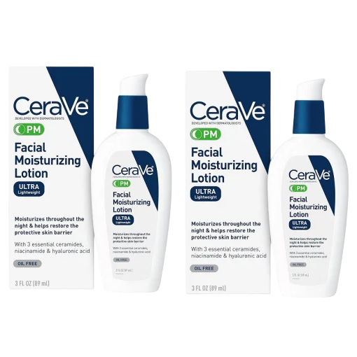 CeraVe PM Facial Moisturizing Lotion, Ultra Lightweight, oil-free, 3 fl oz (89 mL), includes 3 essential ceramides, niacinamide, and hyaluronic acid for nighttime use.