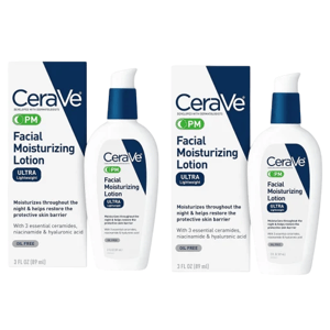 CeraVe PM Facial Moisturizing Lotion, Ultra Lightweight, oil-free, 3 fl oz (89 mL), includes 3 essential ceramides, niacinamide, and hyaluronic acid for nighttime use.