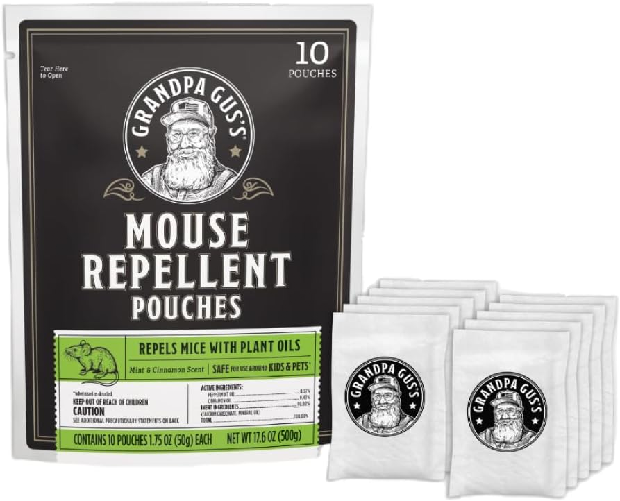 Grandpa Gus's Mouse Repellent Pouches contain 10 pouches with mint and cinnamon scents to repel mice using plant oils, safe for kids and pets.