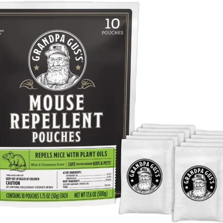 Grandpa Gus's Mouse Repellent Pouches contain 10 pouches with mint and cinnamon scents to repel mice using plant oils, safe for kids and pets.