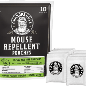 Grandpa Gus's Mouse Repellent Pouches contain 10 pouches with mint and cinnamon scents to repel mice using plant oils, safe for kids and pets.