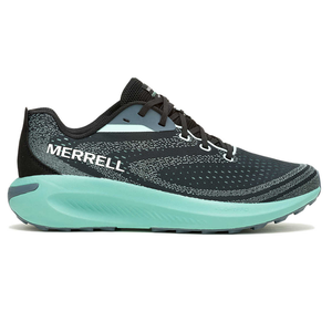 Merrell running shoe with a sleek black design, teal accents, and a cushioned sole.*