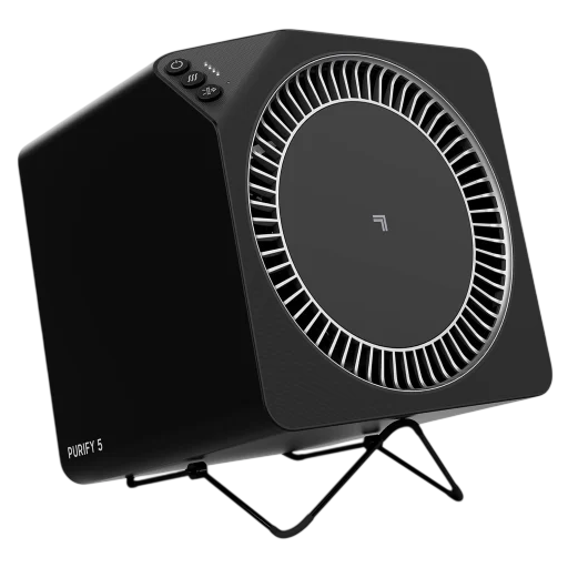 A modern black electronic device with a fan and controls labeled \“PURIFY 5\“ on a stand, likely an air purifier.