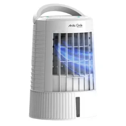 A portable air cooler with a handle and vents on the front, labeled \“Arctic Circle\“ by Symphony, designed to emit a cool airflow.