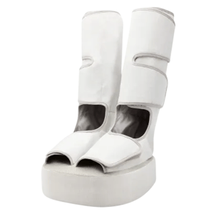 White, knee-high platform shoes with a futuristic design, featuring open toes and large Velcro straps.