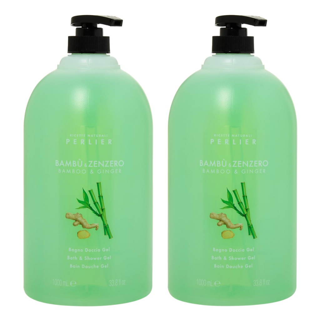Perlier Bamboo & Ginger Bath & Shower Gel, 1000 ml each, in green bottles with a pump dispenser.
