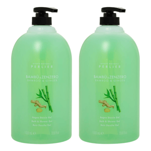 Perlier Bamboo & Ginger Bath & Shower Gel, 1000 ml each, in green bottles with a pump dispenser.