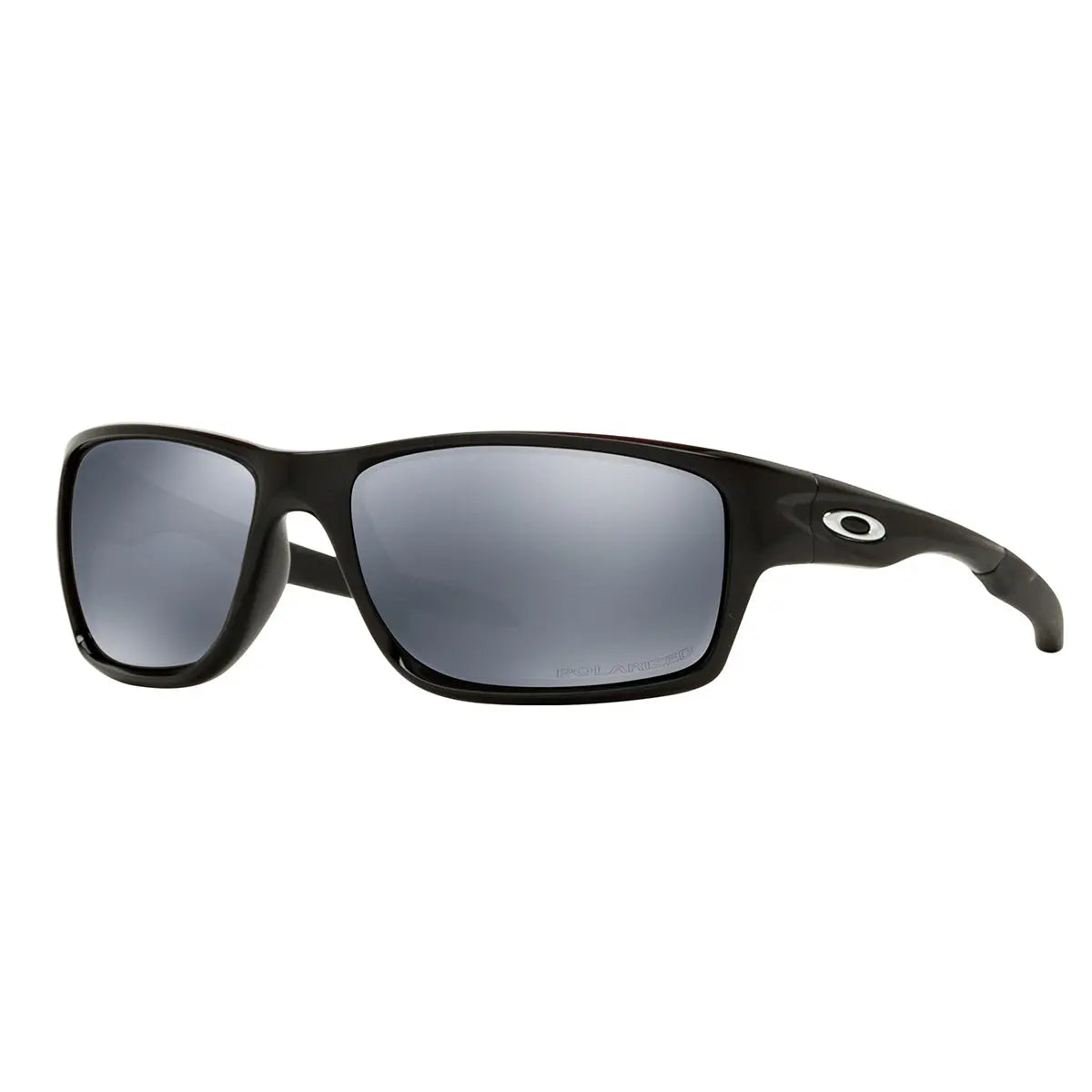 Sleek black Oakley sunglasses with a polished finish, large rectangular lenses, and a signature logo on the side arm.