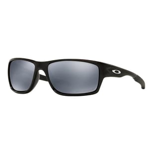 Sleek black Oakley sunglasses with a polished finish, large rectangular lenses, and a signature logo on the side arm.
