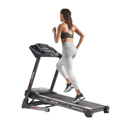 A person is running on a treadmill, wearing fitness attire, while a large screen displays an interactive workout. A smartphone is shown, illustrating connectivity features.