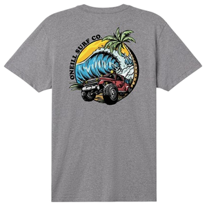 Gray T-shirt featuring a design of a classic car driving through a large wave with a palm tree in the background and \“O'Neill Surf Co.\“ text above.