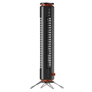 A 13-inch Vornado Tower Fan is cylindrical with a black and orange color scheme, standing on a short, collapsible tripod base. Its slim, vertical design features a series of horizontal airflow slots.