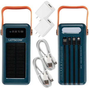 Portable solar power bank with handle and LCD display, includes built-in charging cables, two USB charging adapters, and additional USB cables.