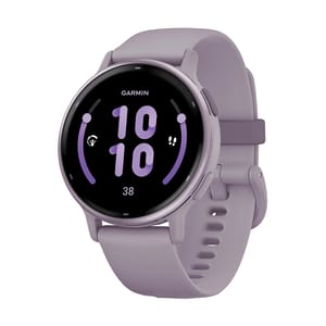 Garmin Vivoactive 5 Fitness Watch in a lavender shade features a round touchscreen display with a digital time interface, emphasizing fitness tracking functionalities and a sleek design.