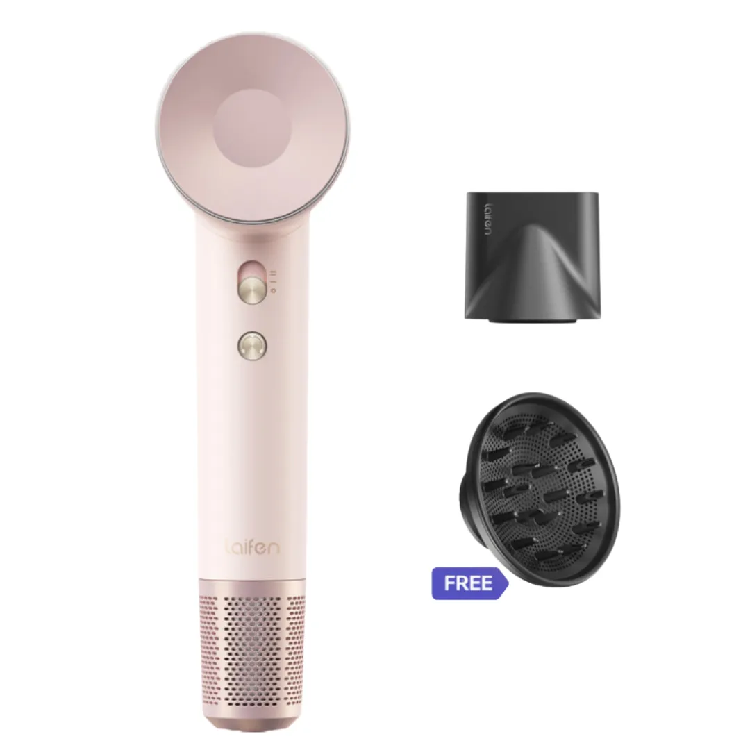 Laifen SE High-Speed Hair Dryer in pink with a sleek design, features two control buttons, and includes a nozzle and a free diffuser accessory.