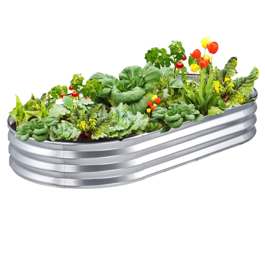 A silver, oval-shaped raised garden bed is filled with various leafy greens, vegetables, and colorful flowers.