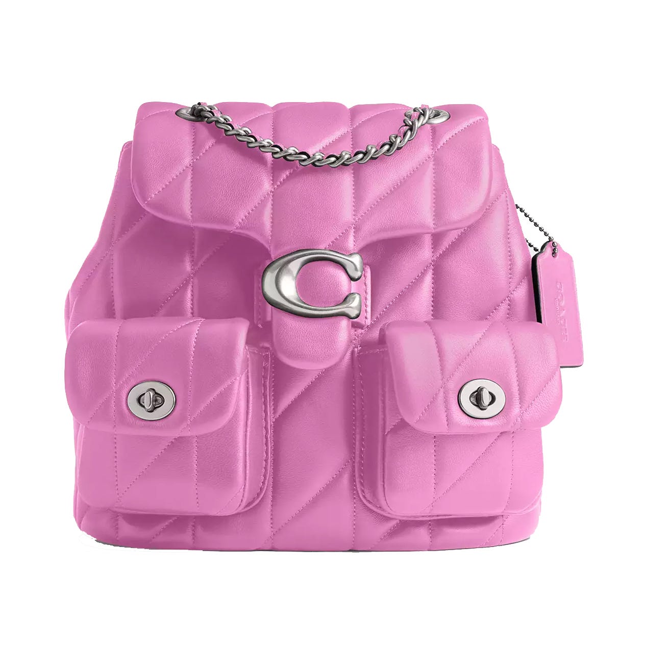 Pink quilted leather backpack with metallic \“C\“ clasp, chain strap, and two front pockets with twist-lock closures.