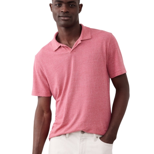 A red, short-sleeve polo shirt with a Johnny collar, made from a linen blend, offering a casual yet polished look.