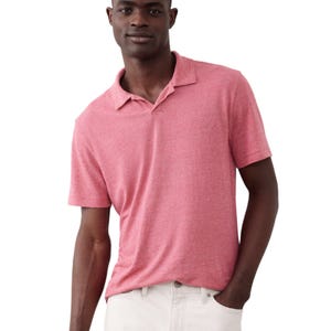 A red, short-sleeve polo shirt with a Johnny collar, made from a linen blend, offering a casual yet polished look.