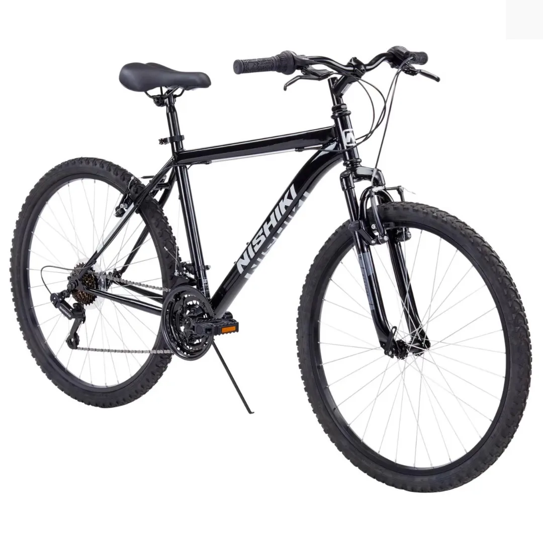 A black mountain bike with front suspension and multi-gear setup.