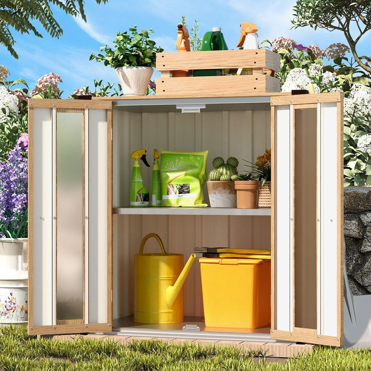 A garden storage shed with two doors contains plant care items: spray bottles, plant feed bags, potted plants, a yellow watering can, and a container. A wood crate with bottles and a potted plant is on top. The shed is set in a garden.