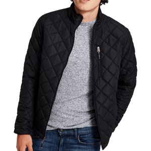 A black quilted jacket with a front zipper and zippered chest pocket, worn over a gray sweater and paired with blue jeans.