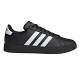Black Adidas sneaker with three white stripes on the side, featuring a black sole and laces.