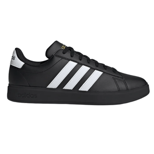 Black Adidas sneaker with three white stripes on the side, featuring a black sole and laces.