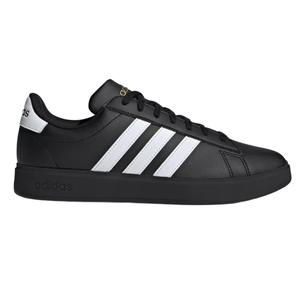 Black Adidas sneaker with three white stripes on the side, featuring a black sole and laces.
