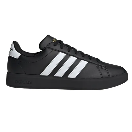 Black Adidas sneaker with three white stripes on the side, featuring a black sole and laces.