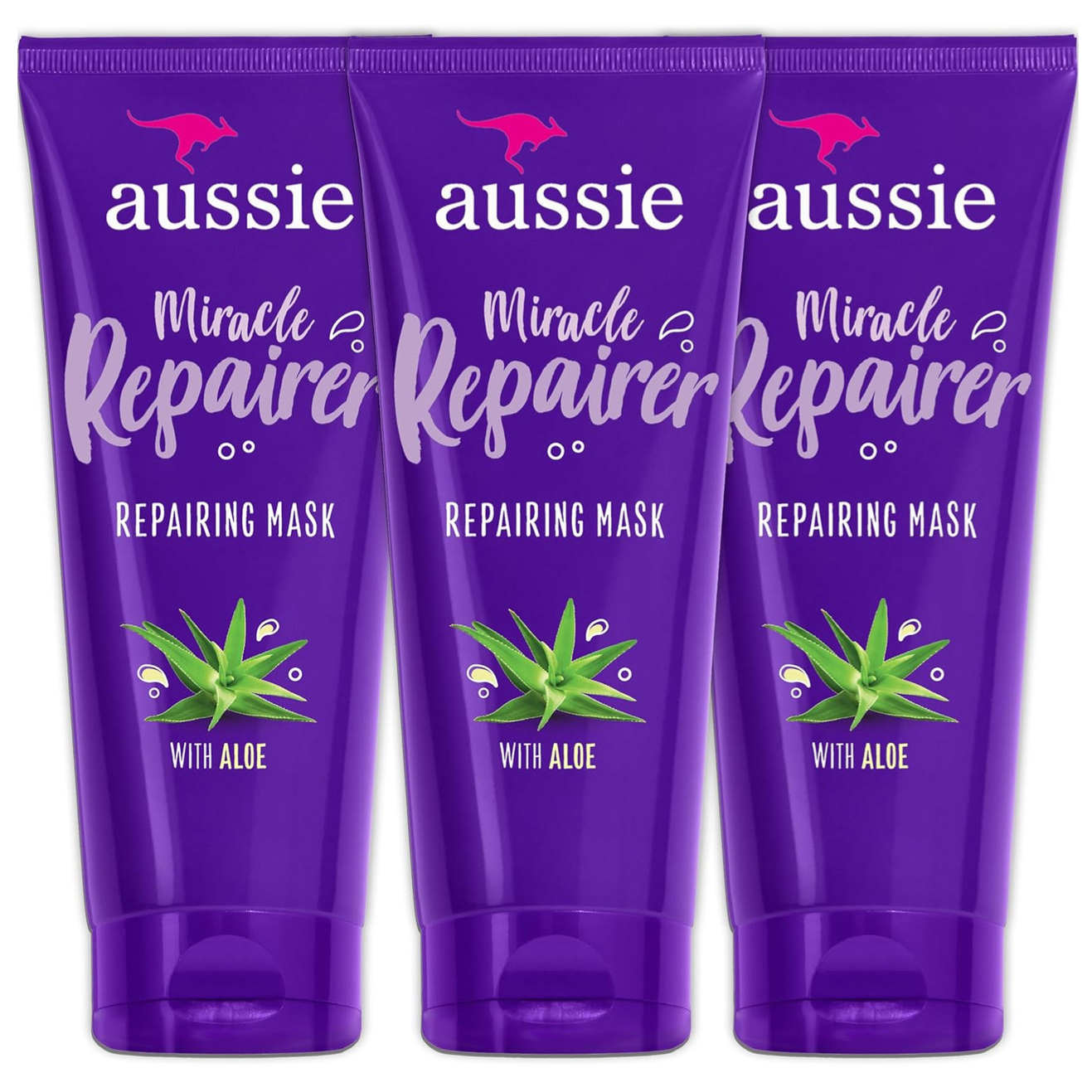 Three tubes of Aussie Miracle Repairer Repairing Mask with Aloe, packaged in a purple design featuring an aloe plant graphic.