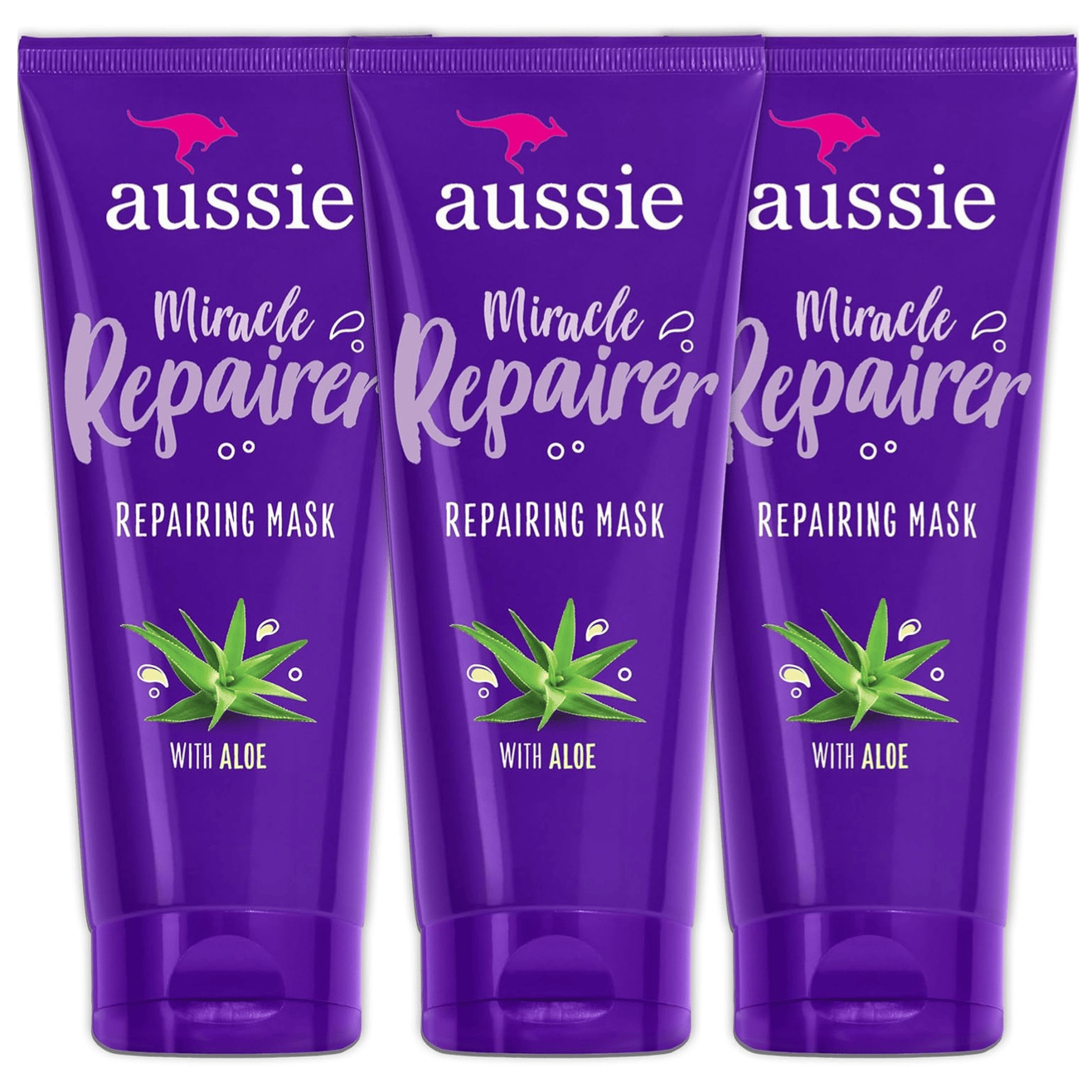 Three tubes of Aussie Miracle Repairer Repairing Mask with Aloe, packaged in a purple design featuring an aloe plant graphic.