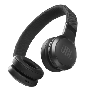 A pair of black JBL on-ear wireless headphones with cushioned ear pads and USB-C charging port.