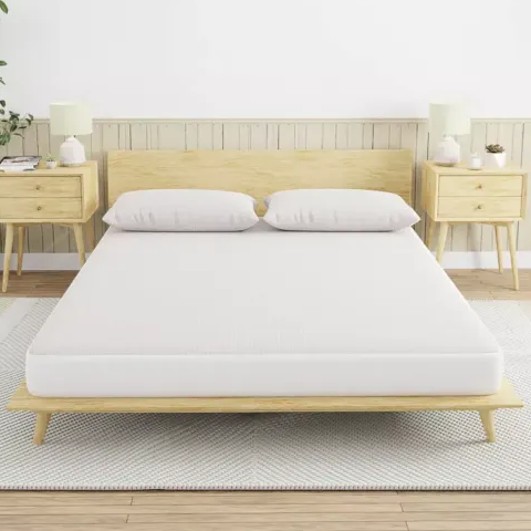 A minimalist bedroom setup with a wooden platform bed, white mattress, two pillows, and matching nightstands featuring lamps, a plant, and decorations.