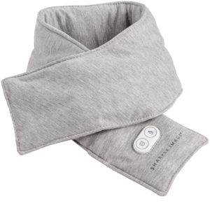 A gray heated neck wrap featuring a control panel for managing settings, branded with \“Sharper Image.\“
