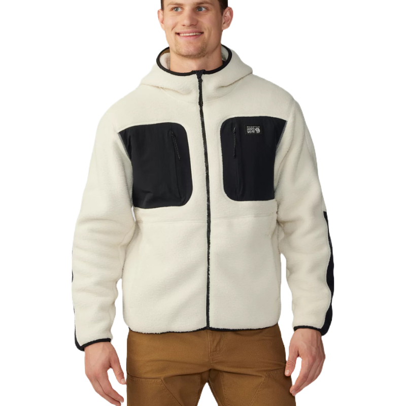The HiCamp Fleece Hoody is a warm, white jacket featuring black zippered chest pockets and black accents on the sleeves. It's designed with a full zipper and a hood for added comfort and style.