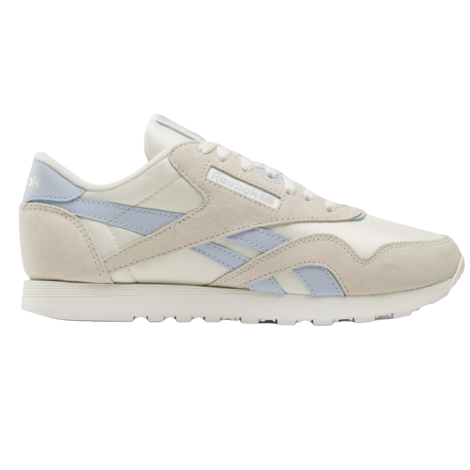 A pale beige and light blue Reebok sneaker with classic branding and a white sole.