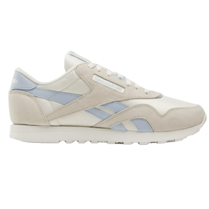 A pale beige and light blue Reebok sneaker with classic branding and a white sole.