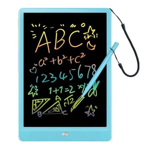 A blue doodle tablet with a stylus attached via a cord displays multicolored writings and drawings, including letters, numbers, mathematical equations, and simple shapes.