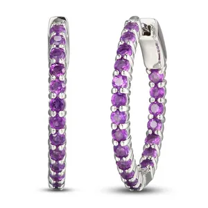 Silver hoop earrings adorned with round purple gemstones.