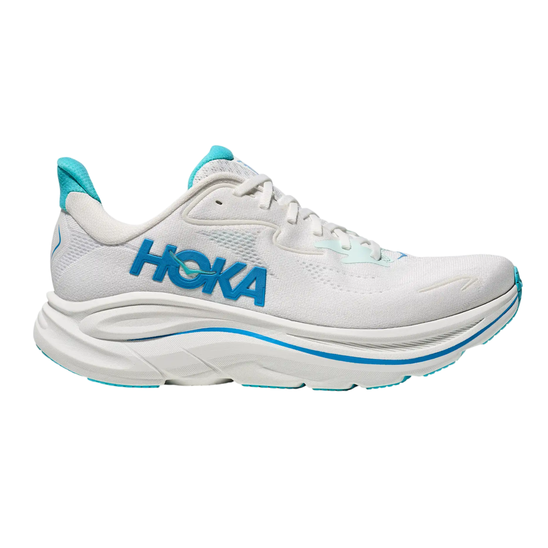 White and turquoise HOKA running shoe featuring a thick, cushioned sole for support and comfort, with a prominently displayed brand logo on the side.